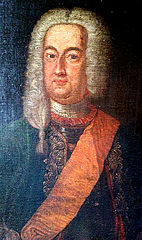 Ausschnitt eines Ölgemälde(etwas 1745) mit dem Porträt des Albrecht Wolfgang Graf zu Schaumburg-Lippe. Maler: Johann Heinrich Tischbein der Ältere.